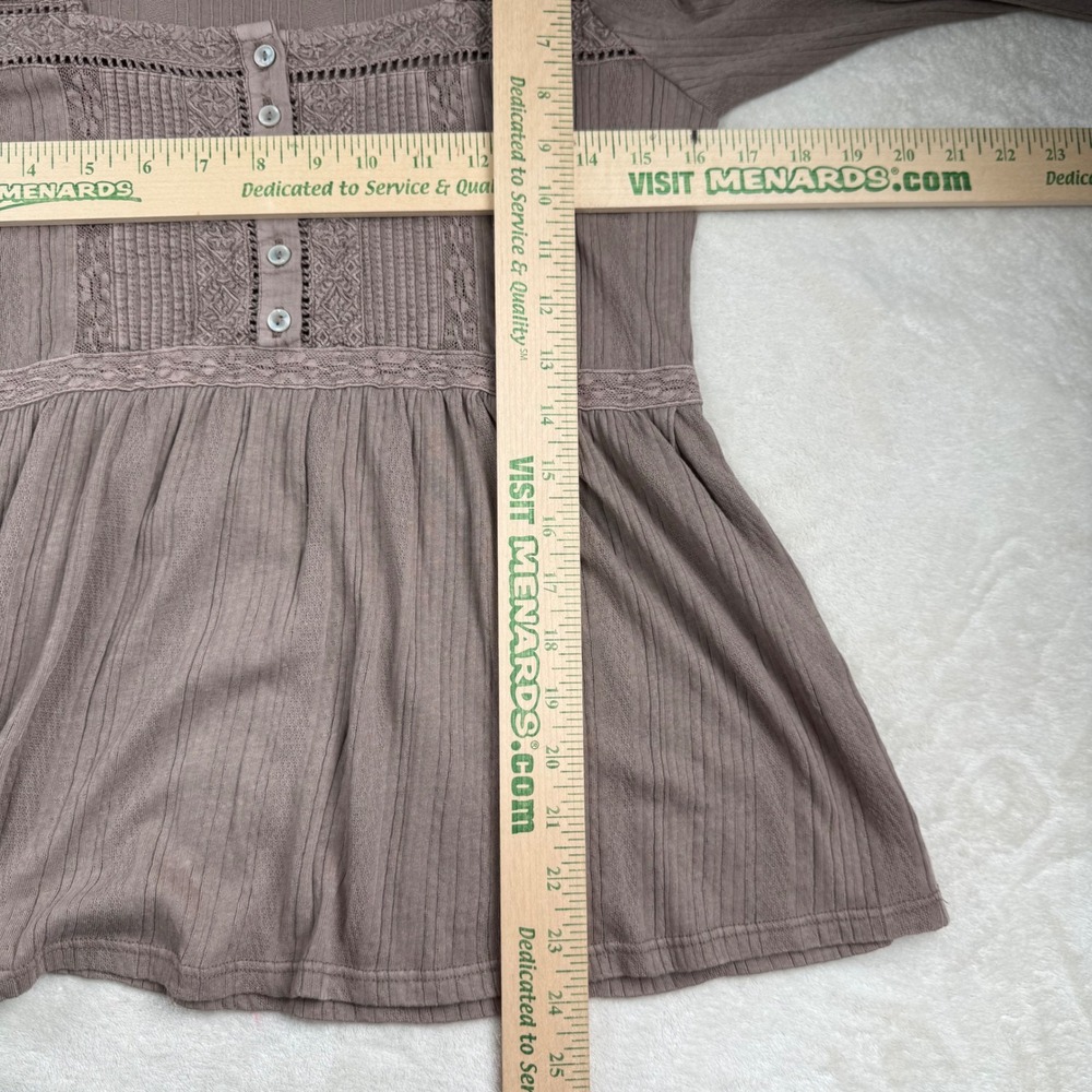 Taupe Brown Ribbed Lace Babydoll Long Sleeve Top Womens Me Boho Henley Softgirl - Picture 3 of 5